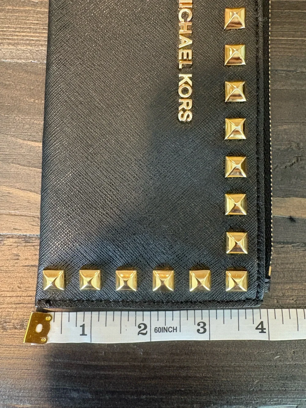 Michael Kors Studded Saffiano Leather Zip Wristlet Wallet Black Gold